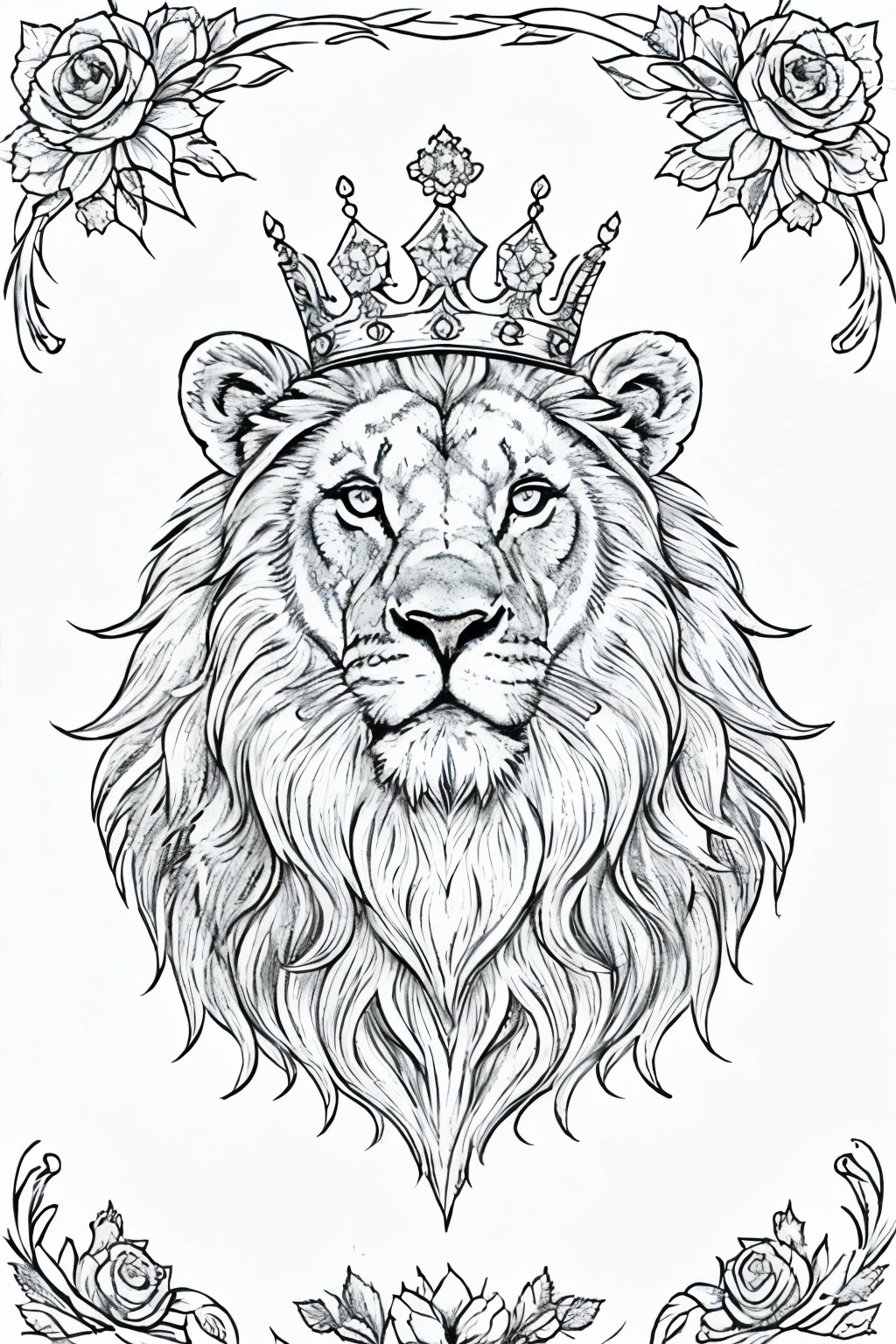 drawing of a full-length lion with a crown on its head,atraz do leao uma lua em volta uma moldura de rosas