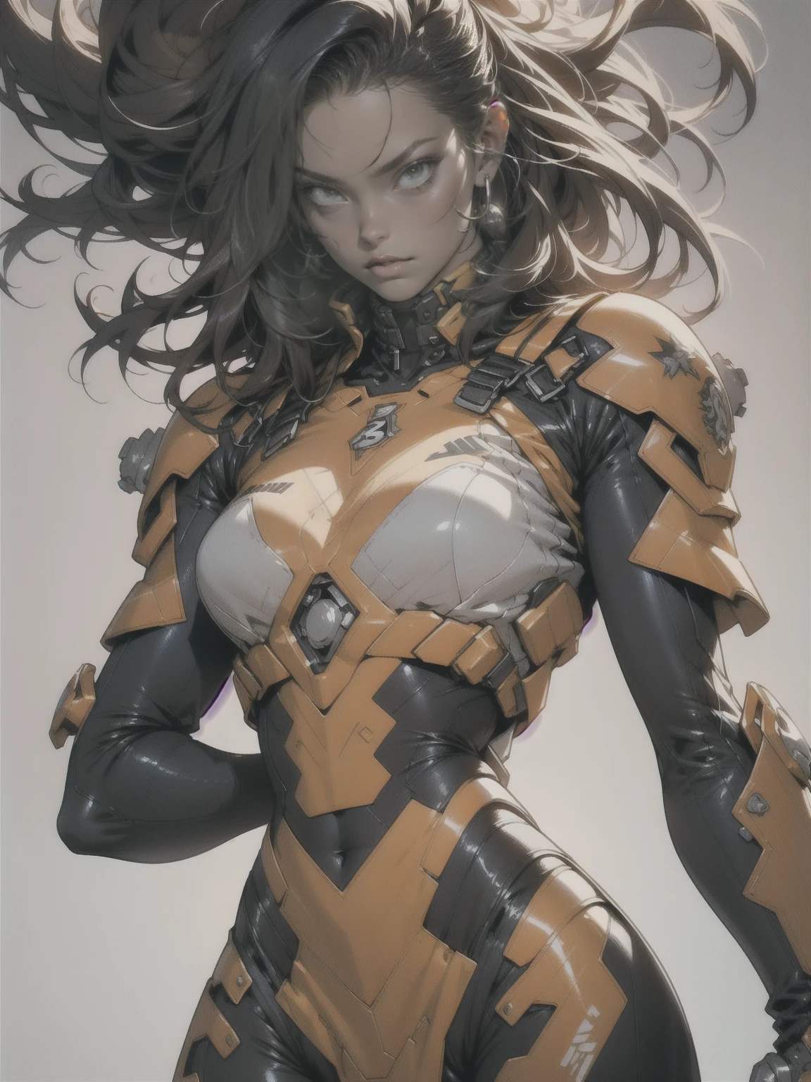 (((woman))), (((best quality))), (((masterpiece))), (((adult))), A muscular 35-year-old warrior woman nearly naked in Simon Bisley's urban savage style for the cover of Heavy Metal magazine, colorful mohawk hair, Minimal clothing, orange and blue carbon fiber armor full of ink-stained spikes and rivets,