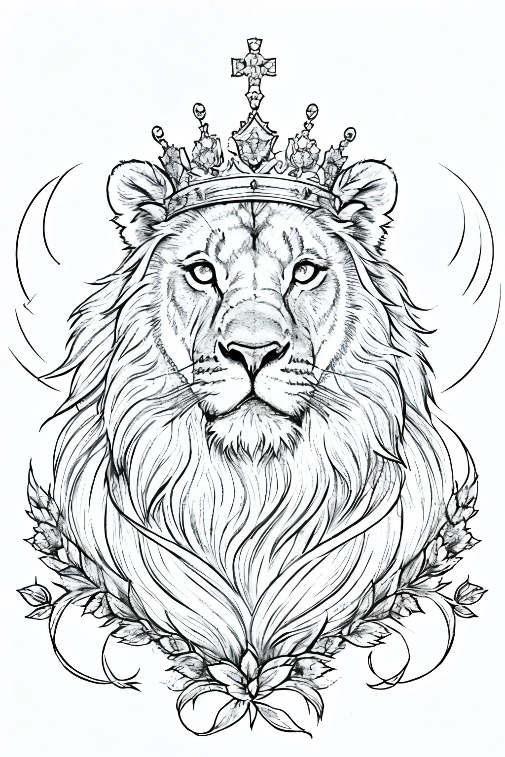 drawing of a full-length lion with a crown on its head,atraz do leao uma lua em volta uma moldura de rosas