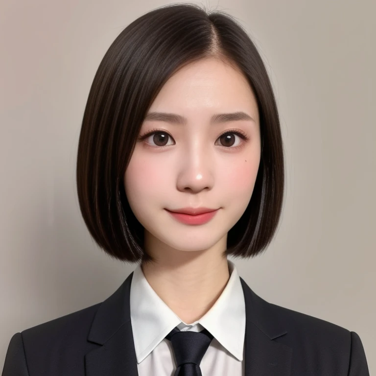(kawaii 24 year-old Japanese girl, Nogizaka idol, Korean idol), glossy brown hair, (very short hair, forehead:1.2), beautiful black eyes, rounded face, narrow shoulders, single eyelid, (no makeup:1.2), soft smiling, (suit jacket, collared shirt, necktie), extra small breasts, BREAK, (simple white background:1.2), (view from forward, bust shot, upper body shot, id photo:1.2), BREAK, (masterpiece, best quality, photo realistic, official art:1.4), (UHD, 8K quality wallpaper, high resolution, raw photo, golden ratio:1.3), (shiny skin), professional lighting, physically based rendering, award winning, (highly detailed skin texture, extremely detailed face and eyes textures), Carl Zeiss 85 mm F/1.4, depth of field, (1girl, solo),