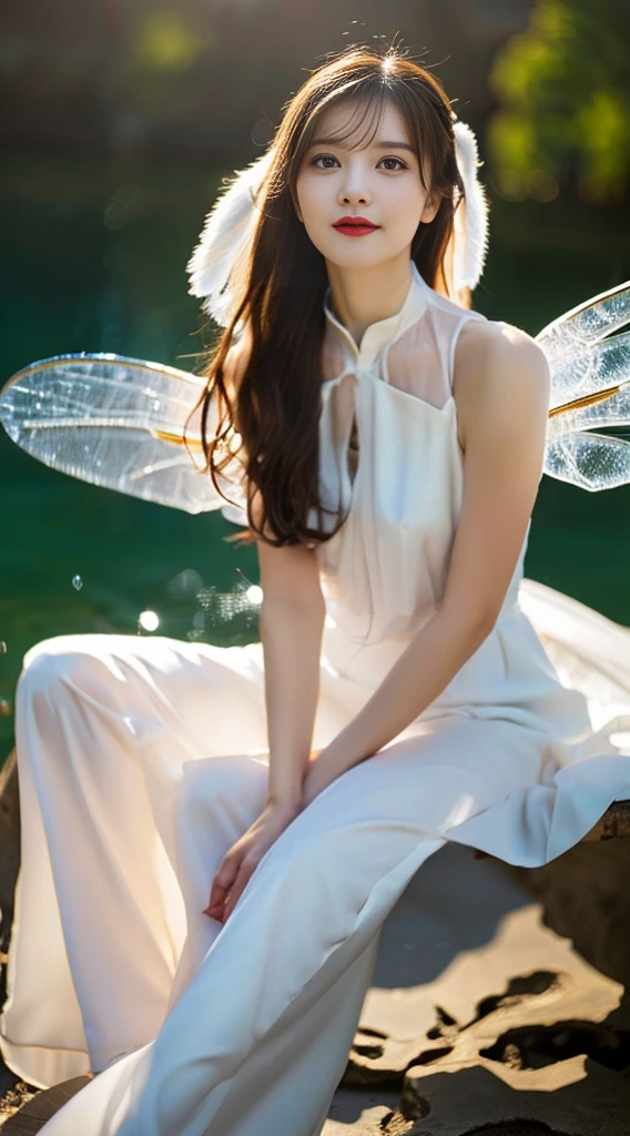 Dragon in Chinese mythology,(Portrait of an angel and a dragon god:1.3,)(A fluffy, sheer white outfit:1.3, ),(Glass-winged angel floating on a lake:1.3), (A glass dragon guards the angels from behind:1.3),Shiny light brown and orange streaked hair,,,,,,,,,,Cute Smile,Perfect round face,A bright smile that makes everyone happy,Proper body balance,Tabletop,Ultra-high quality output images,High resolution,Intricate details,Very delicate and beautiful hair blowing in the wind,Photo Real,dream-like,Professional Lighting,Realistic Shadows,Beautiful Hands,Beautiful fingers,Detailed characteristics of the fingers,Detailed clothing features,Detailed hair features,Detailed facial features,