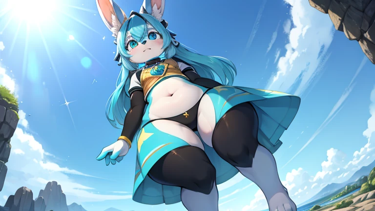 Unrealistic perspective of a furry rabbit with big hips with long drooping ears, ropa espacial con dos hebillas en forma de zanahoria en el cabello de color cyan desaturado, ojos lila, en el ojo izquierdo tiene una marca en forma de estrella de color verde manzana y en el muslo derecho dos estrellas del mismo color.