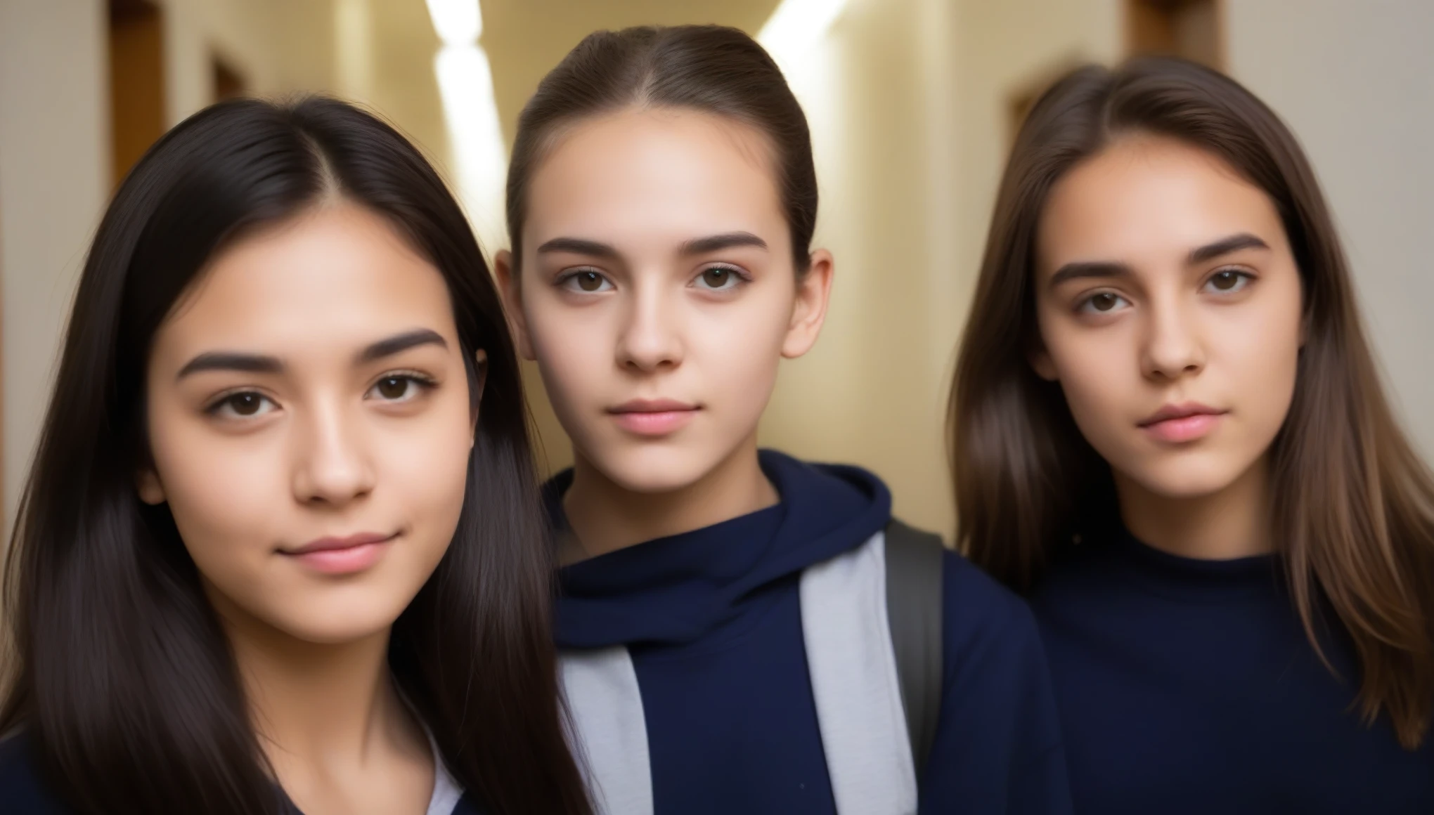 three age students , in the school hallway, student clothing, perfect face, detailed face ,parece inteligente, fotografia, foto, smart appearance, imagem de estoque, arte em alta, foto, retrato de alta qualidade, instagram post, cintilante, good looking, a foto, foto de retrato,(sombras salpicadas:1.2), (olhar cativante:1.1), (contraste de luz e textura:1.2), artistic interaction, (clear light strips:1.1), (detailed iris:1.1), Sony α7R IV, 1/320s, f/2.8, ISO 400, (enigmatic expression:1.2), (contornos faciais destacados:1.1), (intimate portrait:1.2), Formato de arquivo RAW, (Ritmo visual:1.1), (intrinsic contrast:1.2).