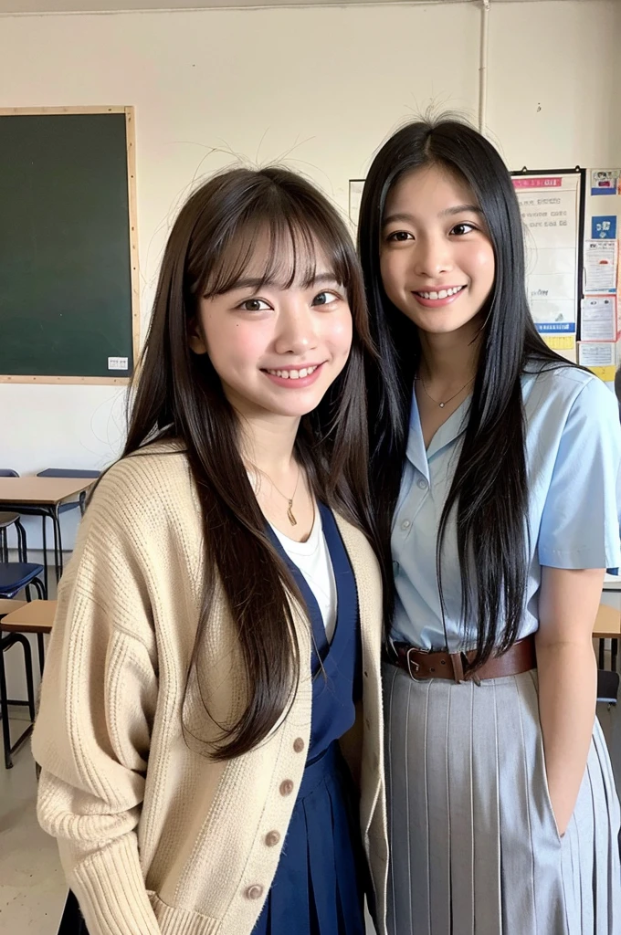 girls standing in school classroom, com gravata borboleta azul,18 anos,franja,um pequeno sorriso,coxas,joelhos,cabelo cortado curto,rabo de cavalo,De baixo