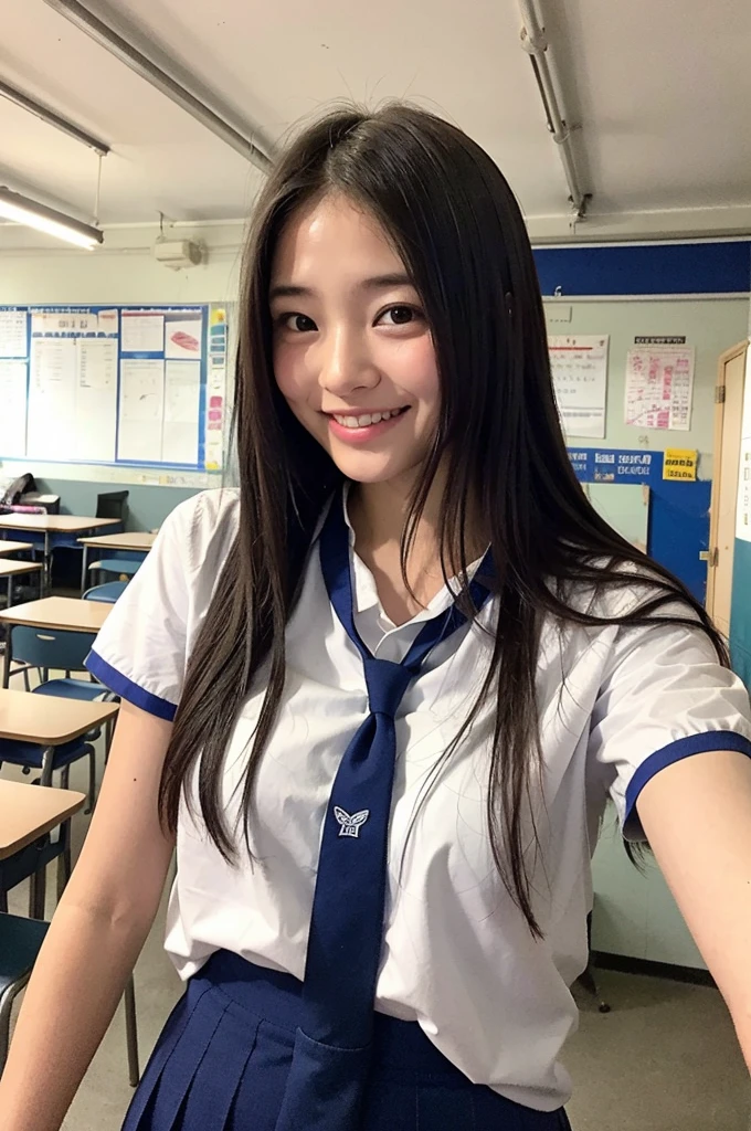 girls standing in school classroom, com gravata borboleta azul,18 anos,franja,um pequeno sorriso,coxas,joelhos,cabelo cortado curto,rabo de cavalo,De baixo