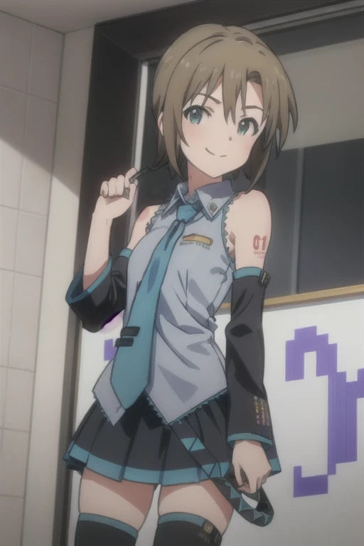 (((pixel-perfect, detail-perfect))), solo, 1girl, riina tada, miku outfit, sleeveless shirt, grey shirt, detached sleeves, necktie, arm tattoo, skirt, thighhighs, thigh boots, smile, looking at viewer