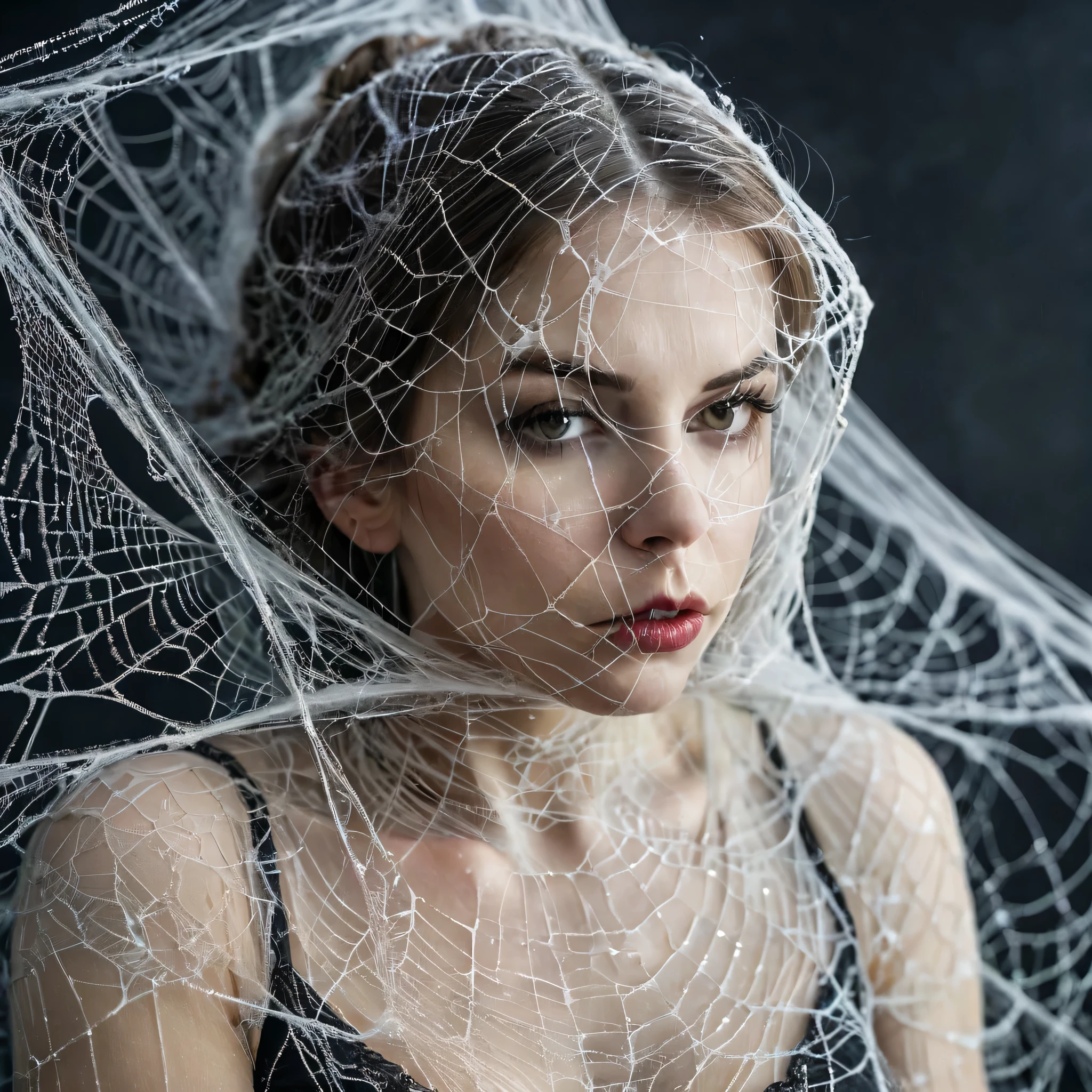 a woman entangled in the spider's web, cobweb, full body photo