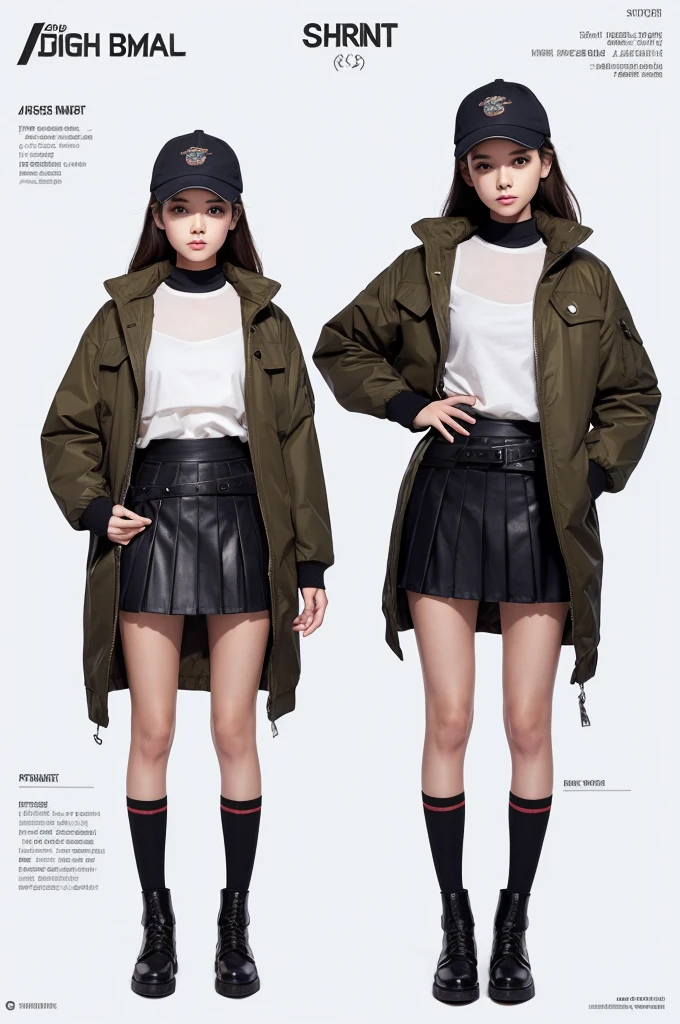 Illustration of a girl wearing a short skirt and jacket, Full body character sheet, Full body illustration, behance hd, Full body painting, Detailed full body concept, Official character illustration((()),((night)),fashion model pose