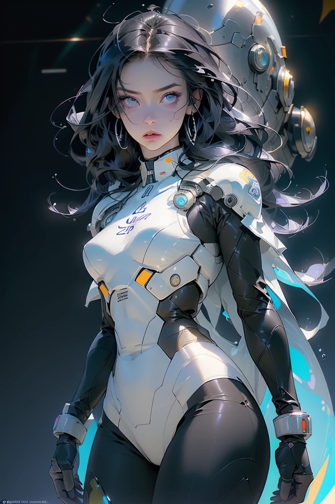 (((best quality,realistic:1.37))), (solo female), ((full-body)), long black hair, light blue eyes, emotionless expression, perfect face, purple+black+yellow bodysuit armor, amber glowing parts, sci-fi style, vibrant colors, futuristic lighting, detailed hair strands, metallic texture, sleek design, dynamic pose