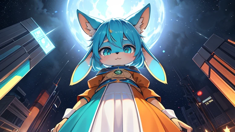 Unrealistic perspective of a furry rabbit with big hips with long drooping ears, ropa espacial con dos hebillas en forma de zanahoria en el cabello de color cyan desaturado, ojos lila, en el ojo izquierdo tiene una marca en forma de estrella de color verde manzana y en el muslo derecho dos estrellas del mismo color. la ropa es naranja y lila con estilo espacial.