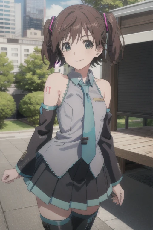 (((pixel-perfect, detail-perfect))), solo, 1girl, mio honda, miku outfit, sleeveless shirt, grey shirt, detached sleeves, necktie, arm tattoo, skirt, thighhighs, thigh boots, looking at viewer, smile