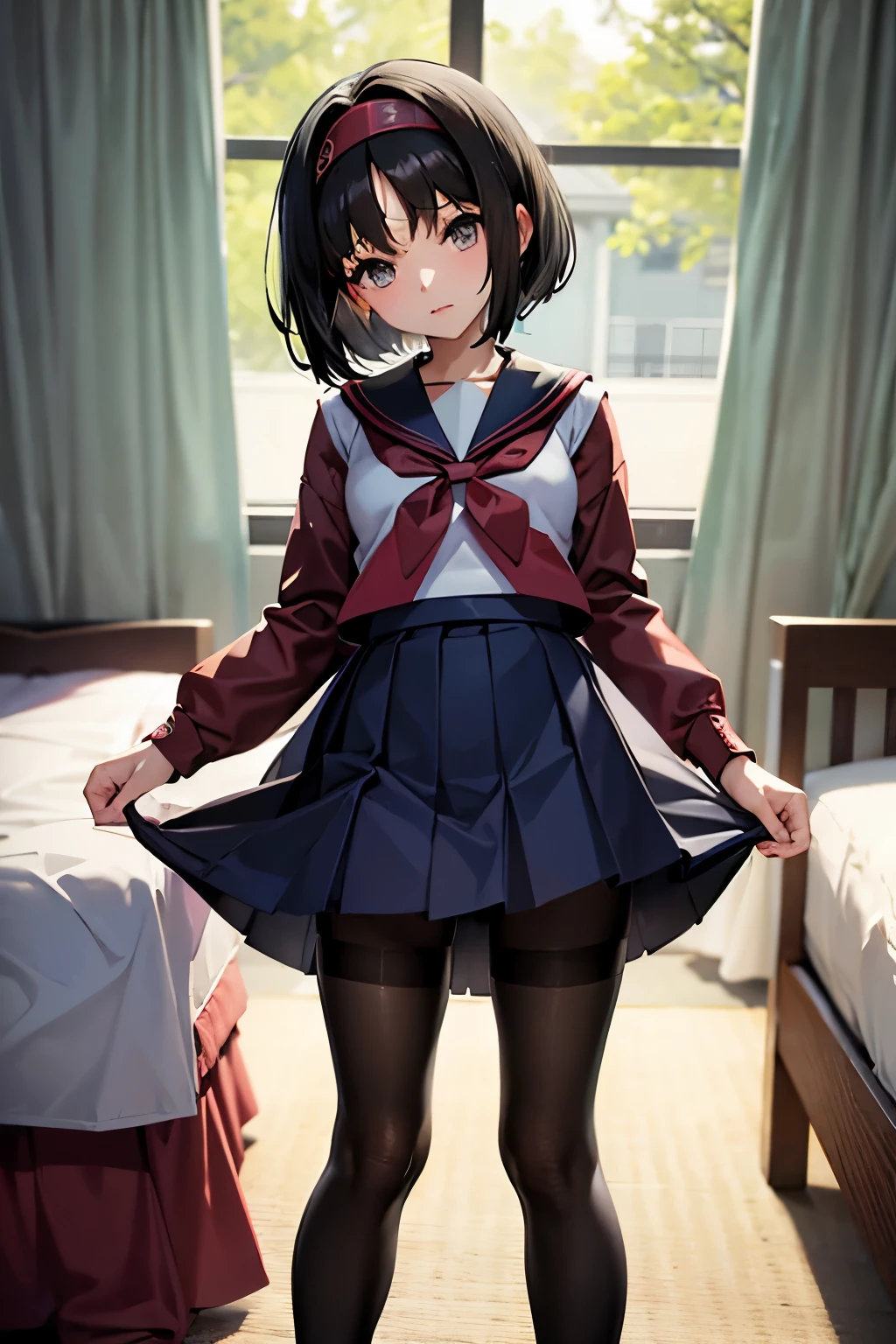 Erica、Pokémon、Black Hair、Short Hair、((pantyhose))、Photo from below、Medium chest、Bedroom、One girl、Red ribbon on head、((Sailor suit))、mini skirt、Pleated skirt