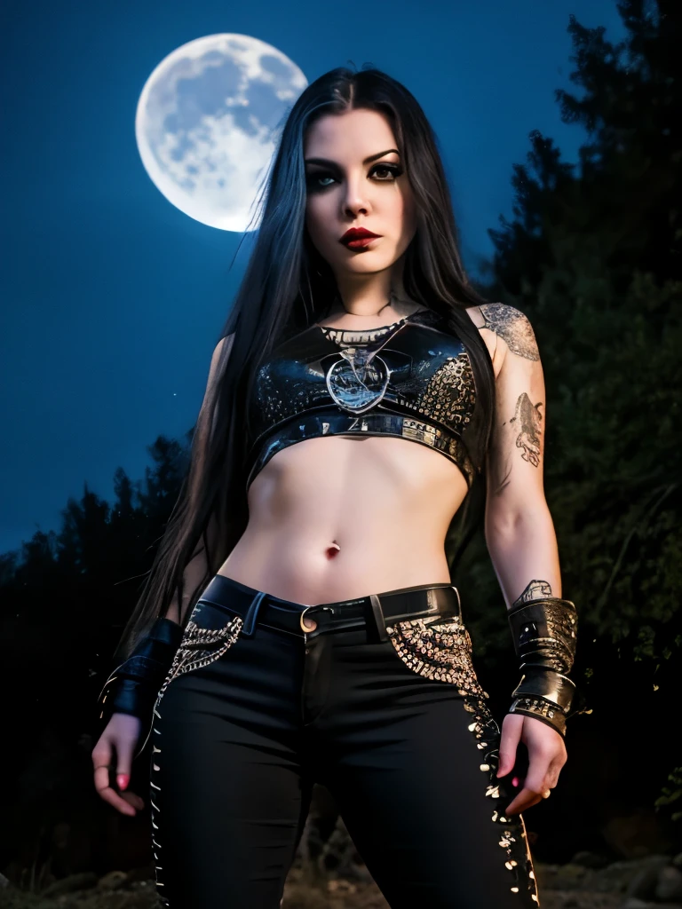 Best Quality,Masterpiece,Ultra High Resolution,(Realisticity:1.4),Original Photo,Cinematic Lighting, 1girl, solo, Metalhead Style girl at night under the moonlight, tattooed, wearing ripped black pants, black clothes, fit body, heavy metal style, heavy metal art style, angry gorgeous goddess, female vampire warrior, heavy metal concert background. realistic, datailed, detailed face, 4K.