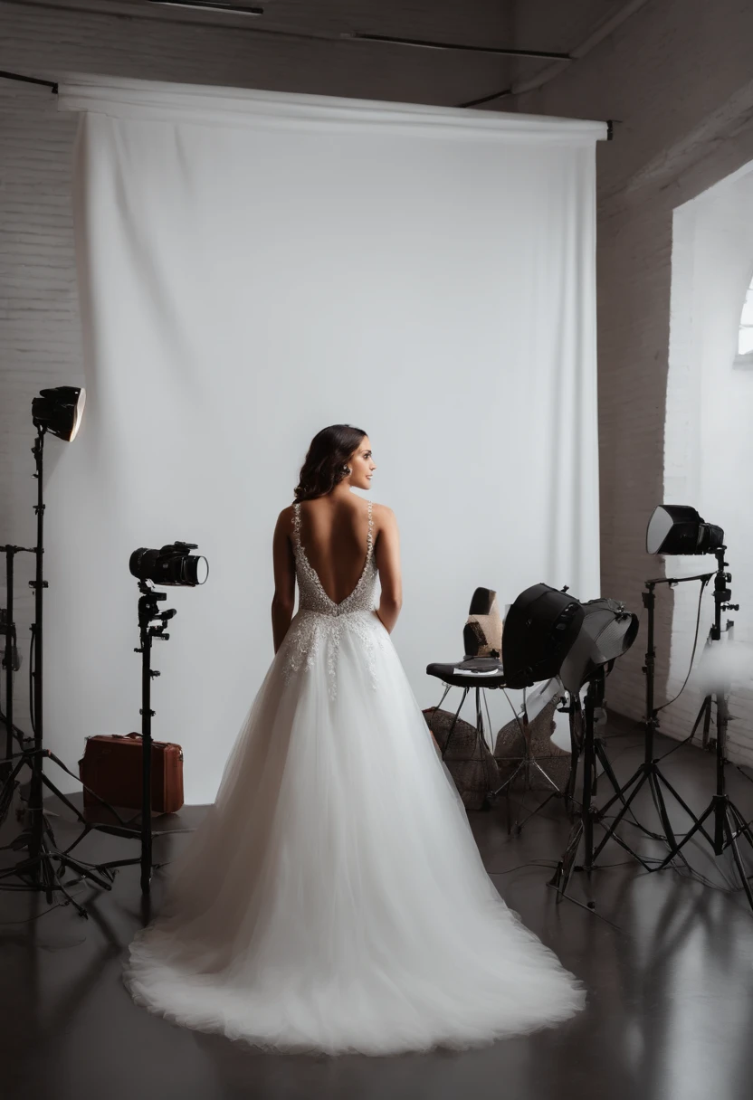 Um grupo de mulher juntas sorrindo sentadas em branquinhos, in a photography studio, the backdrop is white and has LEDs on the side.