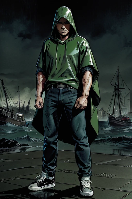 Man in Hooded poncho Raincoat Color: Green and darkened face cap and jeans and converse sneakers Heroic Presence Serious and strong pose Rolled-up sleeves