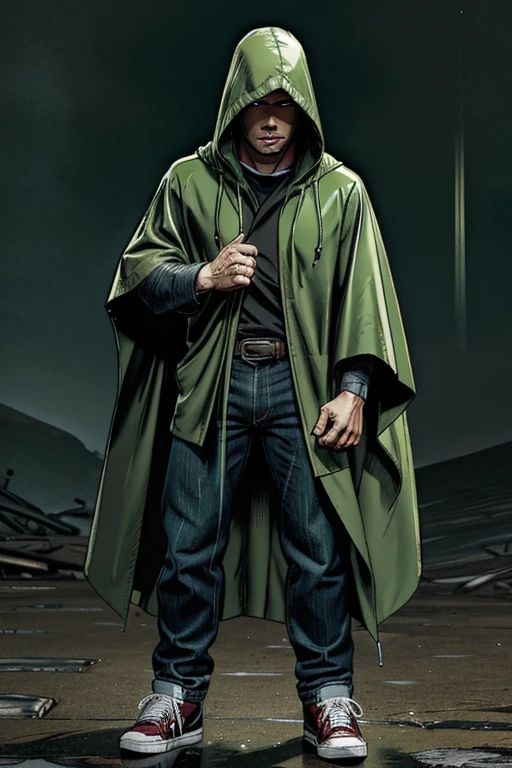 Man in Hooded poncho Raincoat Color: Green and darkened face cap and jeans and converse sneakers Heroic Presence Serious and strong pose Rolled-up sleeves