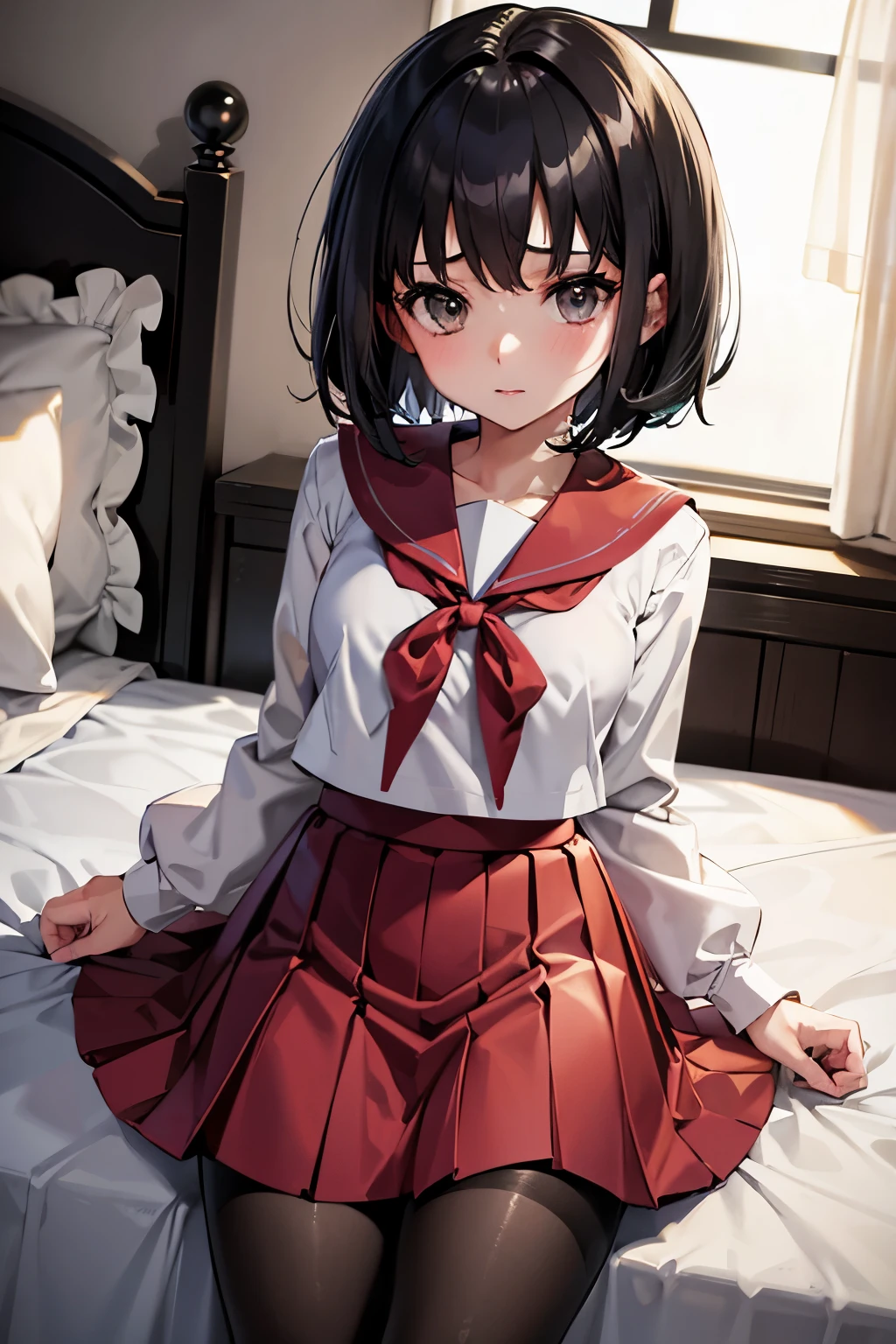 Erica、Pokémon、Black Hair、Short Hair、((pantyhose))、Photo from below、Medium chest、Bedroom、One girl、Red ribbon on head、((Sailor suit))、mini skirt、Pleated skirt
