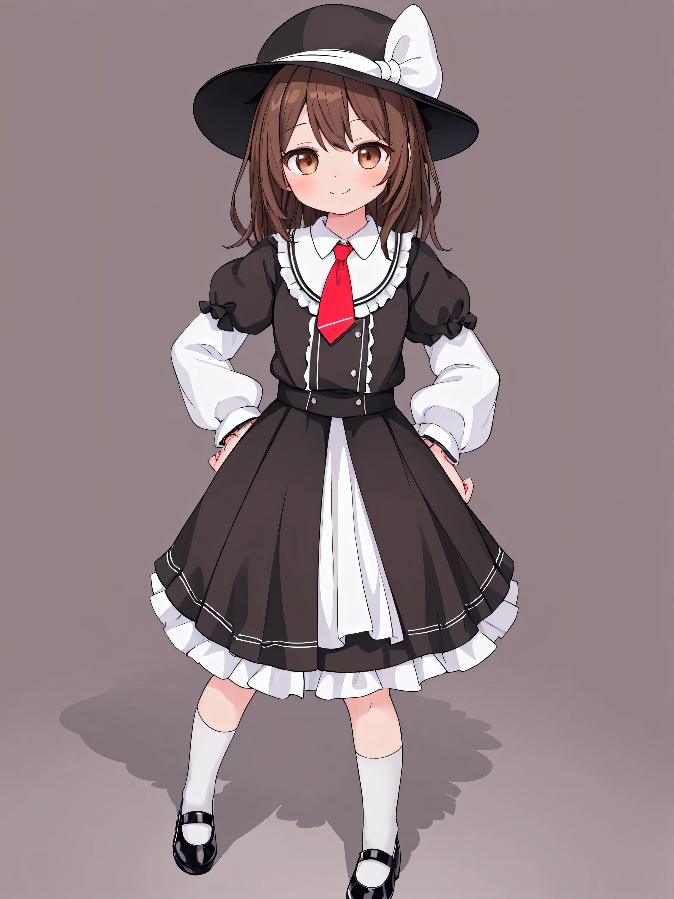 masterpiece, top quality, super detailed, CG illustration, high resolution, better lighting, best shadows, very delicate and beautiful, proper shading, hd, 8k,usami renko, 1girl, solo, looking at viewer, smile, skirt, simple background, brown hair, shirt, long sleeves, hat, white background, bow, brown eyes, closed mouth, standing, full body, white shirt, hair bow, frills, necktie, shoes, socks, puffy sleeves, collared shirt, black skirt, black footwear, hand on hip, black headwear, parody, frilled skirt, white socks, juliet sleeves, red necktie, hat bow, long skirt, style parody, bobby socks, fedora, alphes (style)