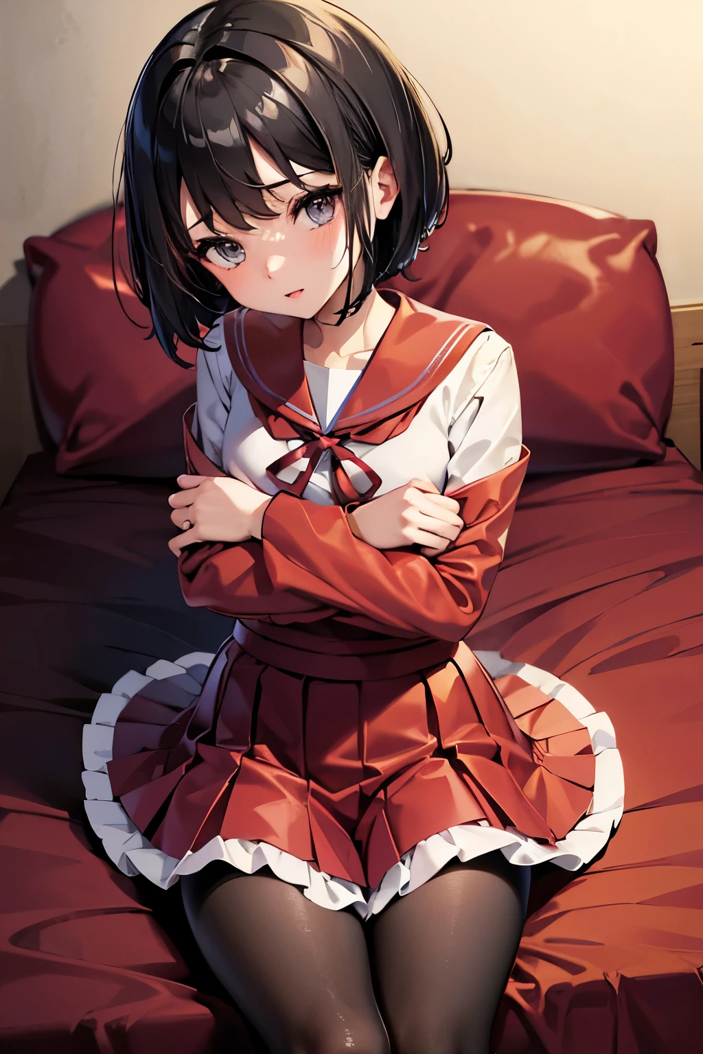 Erica、Pokémon、Black Hair、Short Hair、((pantyhose))、Photo from below、Medium chest、Bedroom、One girl、Red ribbon on head、((Sailor suit))、mini skirt、Pleated skirt