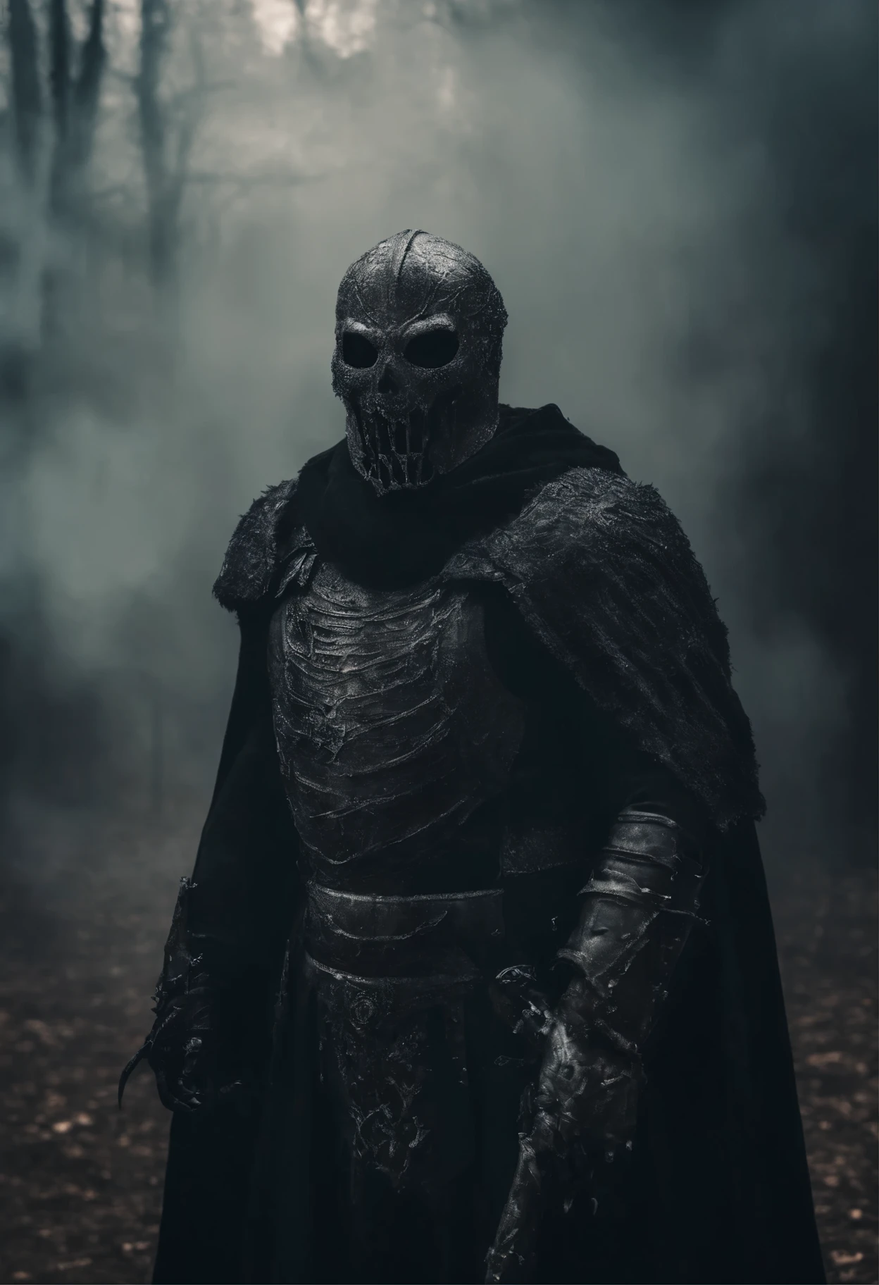 breathtaking cinematic science fiction photo of a portrait of a non human masked Grim dressed as a Peter Griffin with smoke coming out of the armour, body full glowing metrics in the armour, glowing eyes, standing in the middle of a foggy place, daylight, extremely menacing creature, highly detailed, award-winning