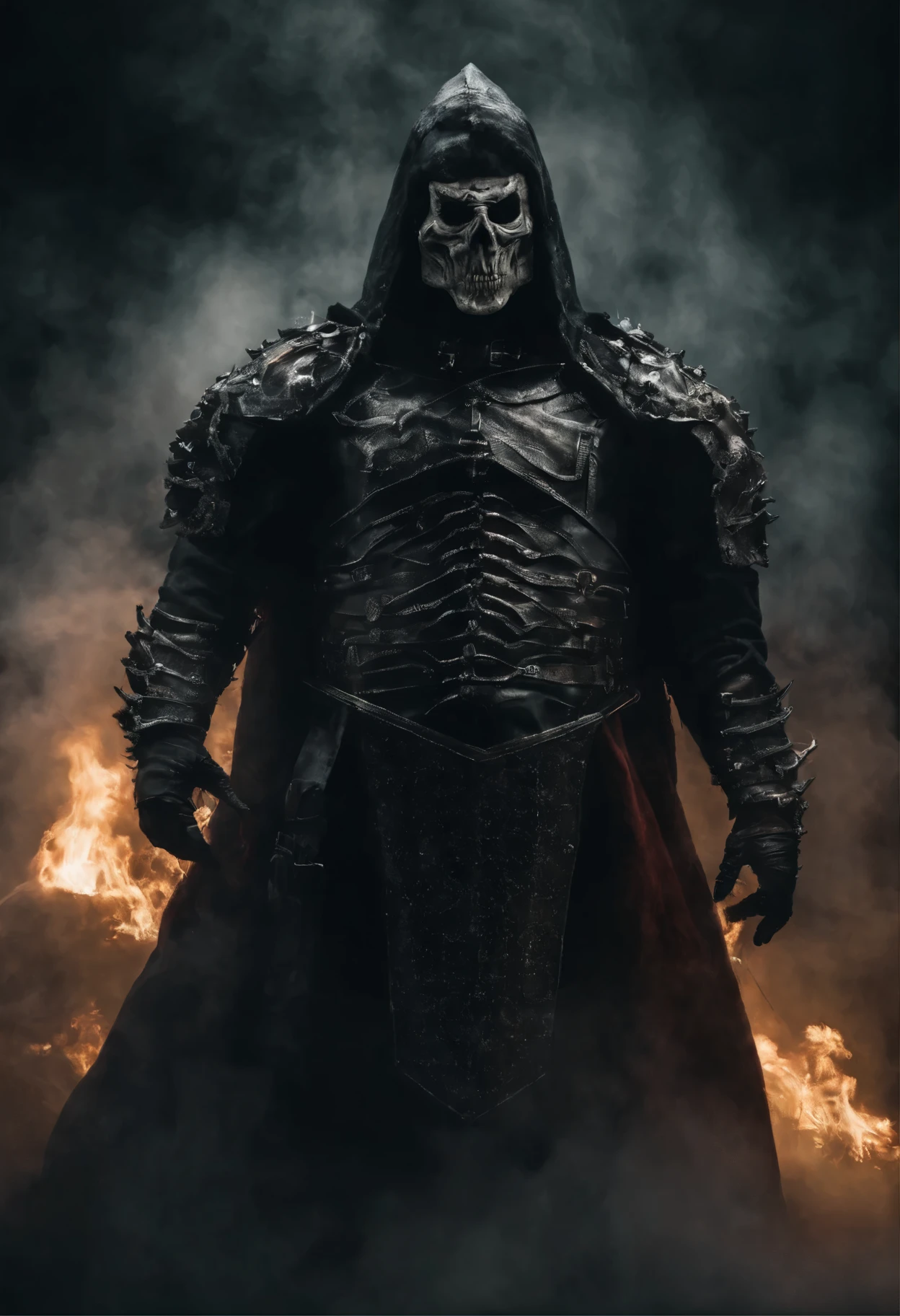 breathtaking cinematic science fiction photo of a portrait of a non human masked Grim dressed as a Peter Griffin with smoke coming out of the armour, body full glowing metrics in the armour, glowing eyes, standing in the middle of a foggy place, daylight, extremely menacing creature, highly detailed, award-winning