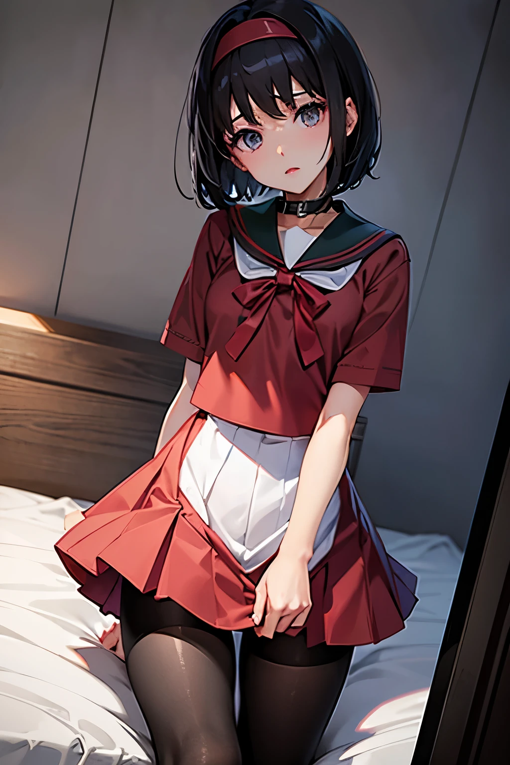 Erica、Pokémon、Black Hair、Short Hair、((pantyhose))、Photo from below、Medium chest、Bedroom、One girl、Red ribbon on head、((Sailor suit))、Black Mini Skirt、Pleated skirt、The collar is black