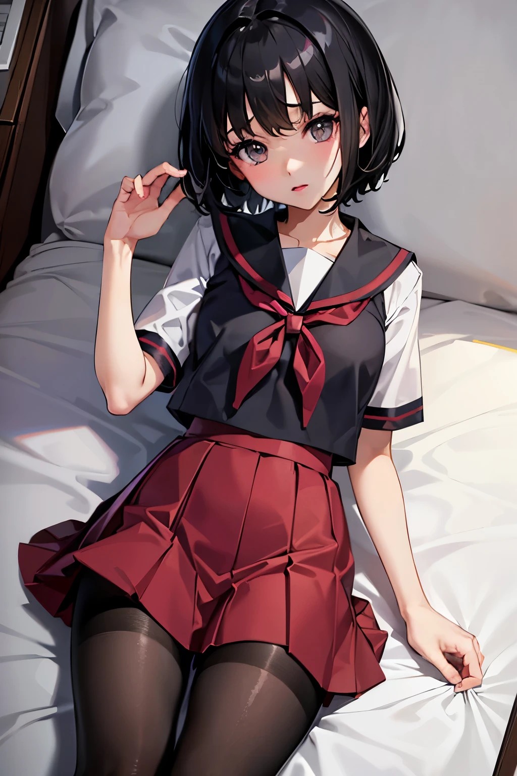 Erica、Pokémon、Black Hair、Short Hair、((pantyhose))、Photo from below、Medium chest、Bedroom、One girl、Red ribbon on head、((Sailor suit))、Black Mini Skirt、Pleated skirt、The collar is black