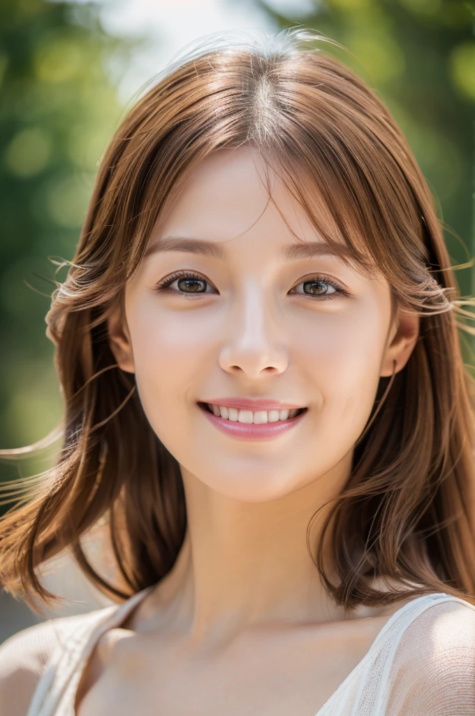 (Masterpiece:1.3), (8k, Photorealistic, RAW Photography, Best Quality: 1.4), soft light, professional lighting, 1girl, 30 years old, neat and clean beauty, closed mouth, smile, Brown Medium hair, outdoors
