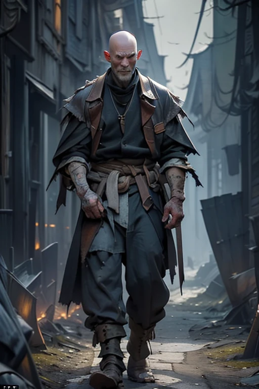 bulky undead with a slightly bald head, his skin is a sick yellowish pale with various scars and needlework on his face. this man is using an overcoat made with leather. the background englobes a decaying dead tree behind him and a destroyed wooden cart and medieval houses.