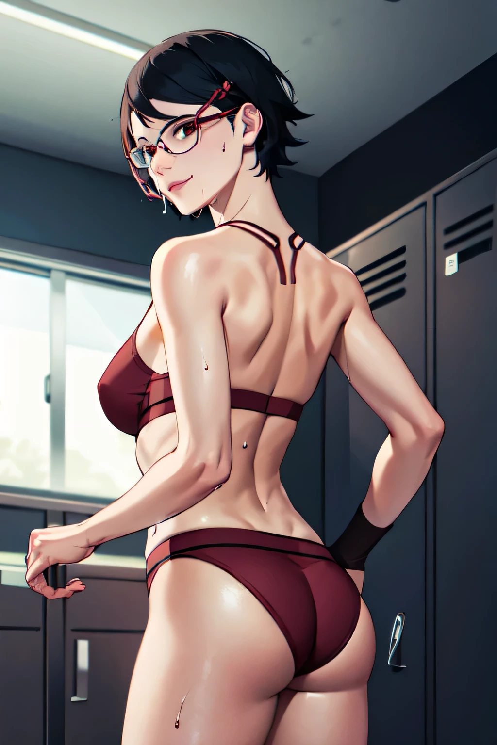 Sarada Uchiha, short black hair, red eyes, glasses, detailed face, perfect face, highly detailed eyes, masterpiece, absurdres , (intricate details), (colorful),cinematic lighting,extremely detailed CG unity 8k wallpaper , 1girl, solo,mature female,  looking at viewer, wet body, erected tits, sports bra, locker room, standing with spread legs and showing her ass, hands on ass, seductive smile, from behind