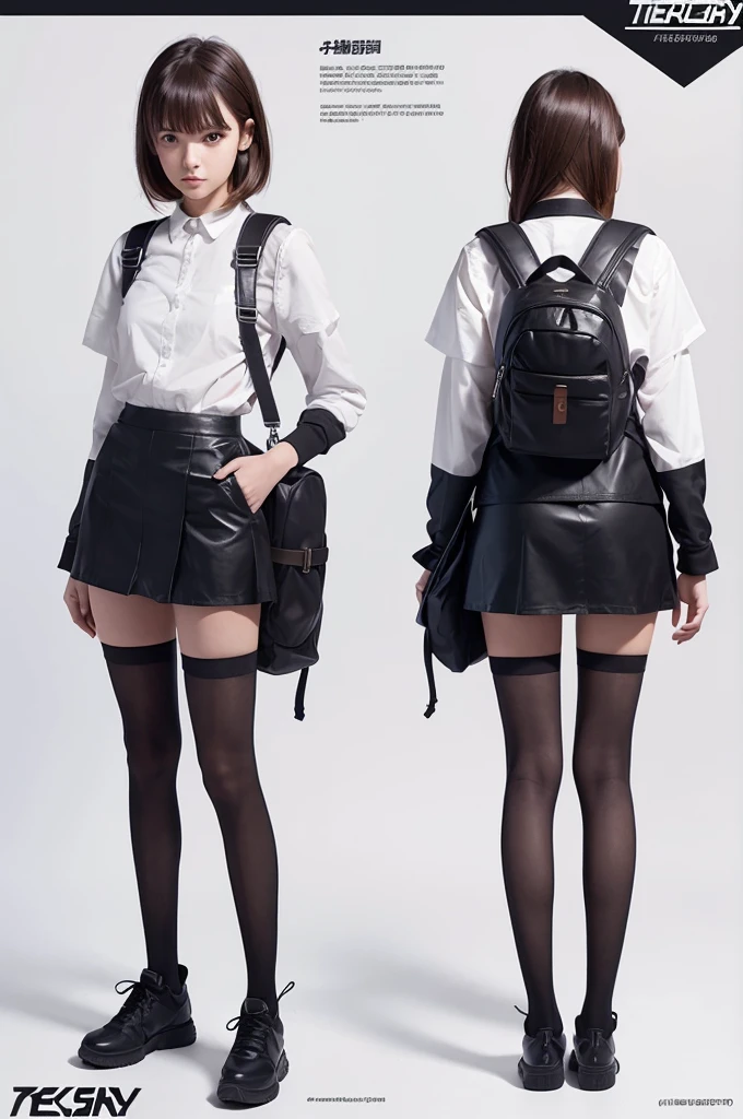 Illustration of a girl wearing a short skirt, high tecnorogy, back pack, Full body character sheet, Full body illustration, behance hd, Full body painting, Detailed full body concept, Official character illustration（（（）），（（night）），fashion model pose