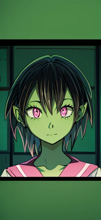 Anime highschool girl, green skin, black hair, pink eyes