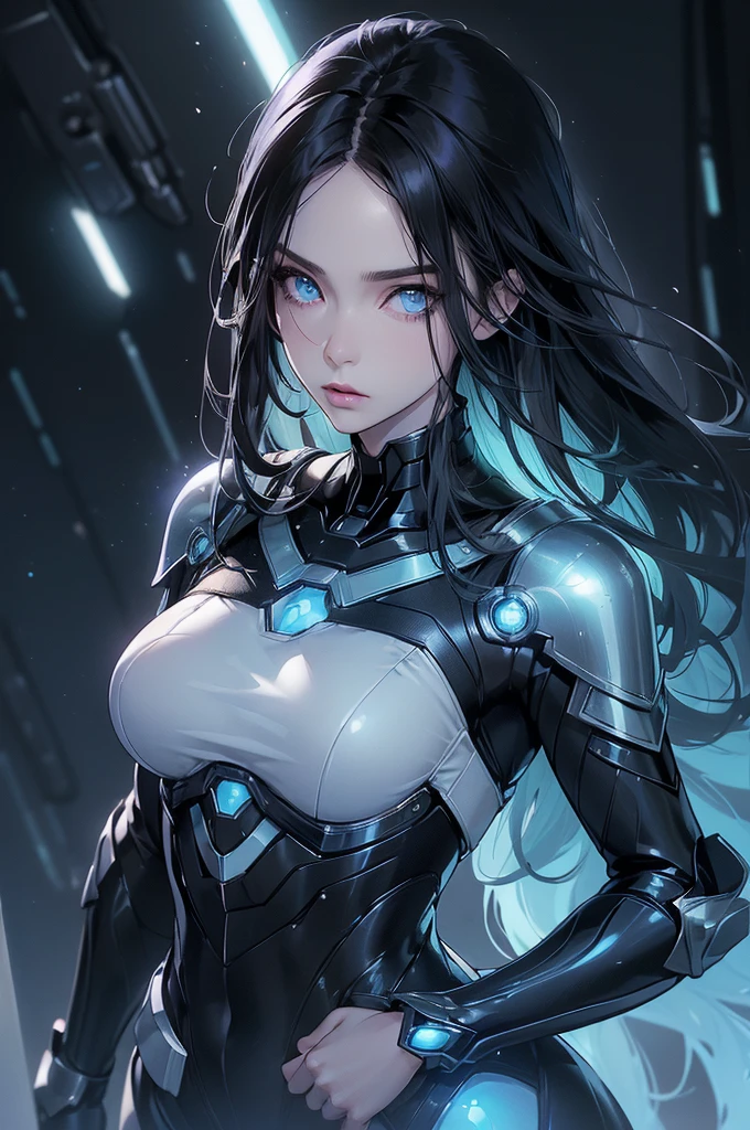 (((best quality,realistic:1.37))), (solo female), ((full-body)), long black hair, light blue eyes, emotionless expression, perfect face, purple+black+yellow bodysuit armor, amber glowing parts, sci-fi style, vibrant colors, futuristic lighting, detailed hair strands, metallic texture, sleek design, dynamic pose