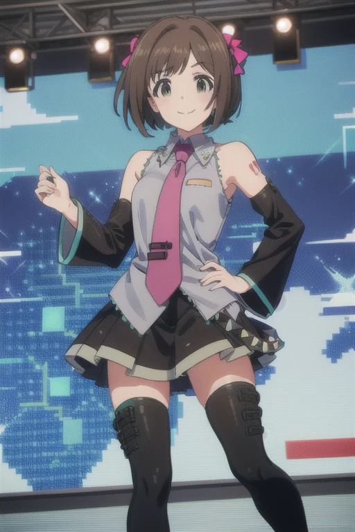 (((pixel-perfect, detail-perfect))), solo, 1girl, miku maekawa, miku outfit, sleeveless shirt, grey shirt, detached sleeves, necktie, arm tattoo, skirt, thighhighs, thigh boots, smile, looking at viewer