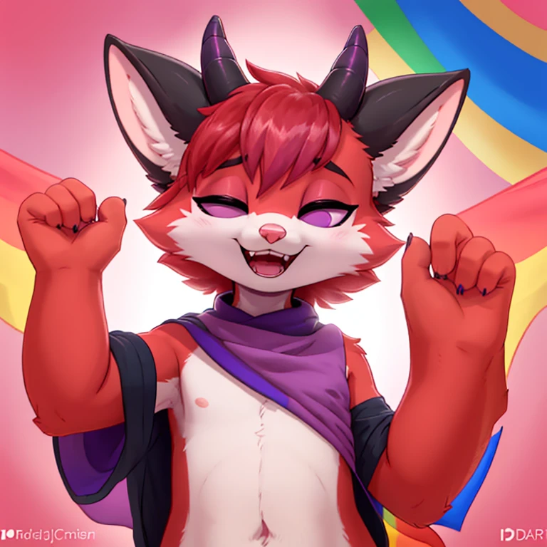 Anthropomorphic adult male crimson fox with pink nose, purple eyes, black sholders, horns, black ears and femenine look, with a lgbtq flag, focus on face, open mouth, eyes closed, very happy, solo, digital art, pastel color background, front view, cute pose, cutecore, no wearing clothes, half body view, perspective
