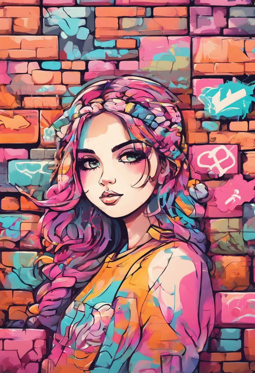 cute kawaii pastel girl on a brick wall