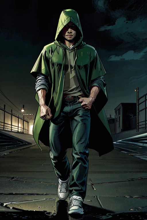 Man in Hooded poncho Raincoat Color: Green and darkened face cap and jeans and converse sneakers Heroic Presence Serious and strong pose Rolled-up sleeves