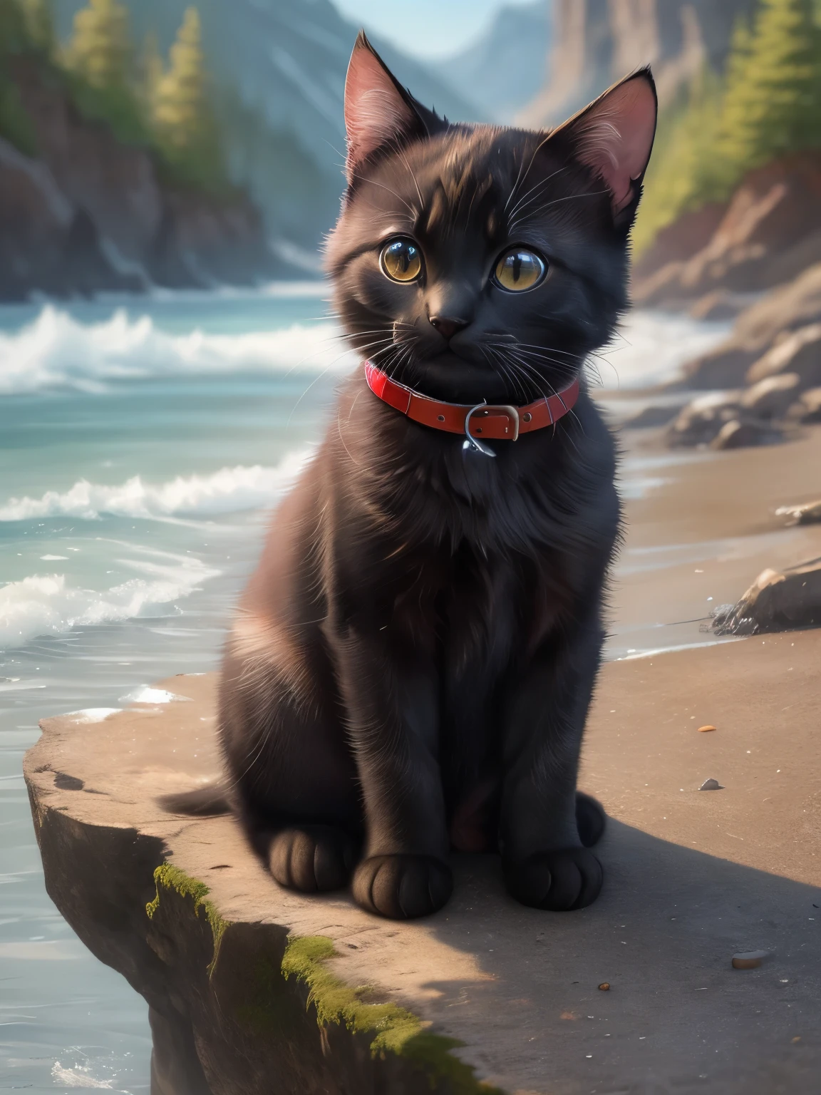 (highest quality,4K,8k,High resolution,masterpiece:1.2),Super detailed,(Realistic,Realistic,Photorealistic:1.37),Northern,South,Multiverse,Diverse landscapes,Natural Beauty,Cute black kitten,Red collar、Art Gallery、Very small kitten、Random Pause