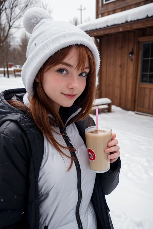 thin 18 year old redhead, snowsuit, drinking hot chocolate
