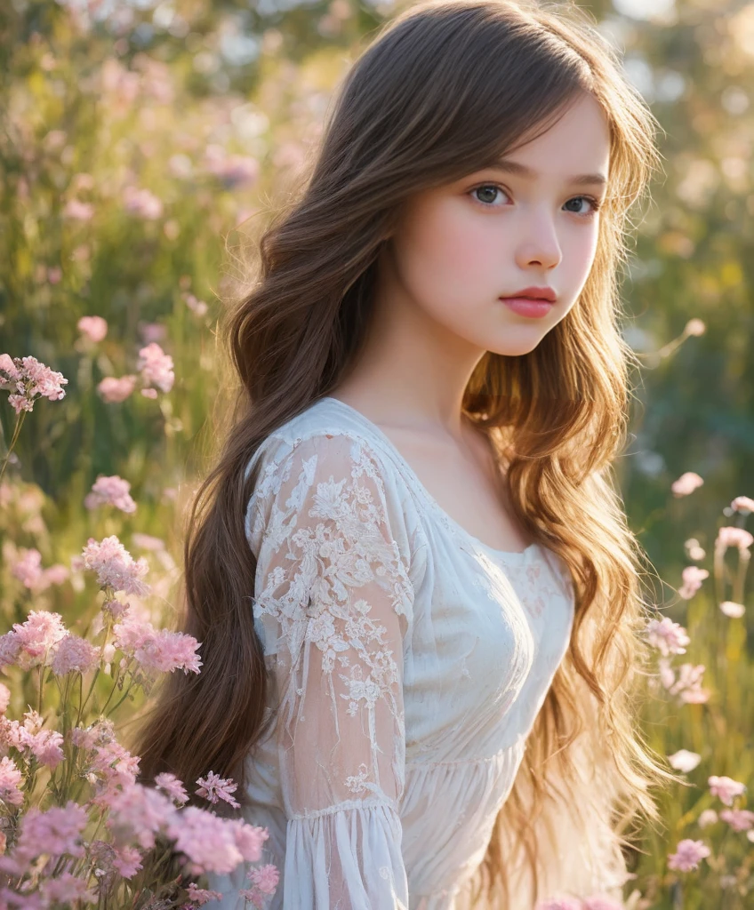 Cinematic Photo:1.3) of (Realistic:1.3),(Cosy:1.3) beautiful 12 year old girl, (intricate cute brown hair), highly detailed skin textures, lifelike skin texture, looking intimately directly at camera, (looking at viewer), pouting lips, Pastel, glitter, dramatic, dreamy, pastel flower garden, elegant, Whimsical, Delicate, Highly detailed, Intricate, UHD digital photo, Fantasy theme, white underwear, Fantasy concept art, glamour girl, beautiful young girl, perfect body, highly detailed full body shot, dreamy, pastel, Watercolor, Whimsical, Delicate, detailed hair ribbon, Highly detailed texture, life like texture, digital painting,Highly Detailed photograph,(Art Deco:1.3),(Photorealism:1.3),(Classical Realism:1.3),(Fujifilm Superia:1.3),naturalism, golden hour light