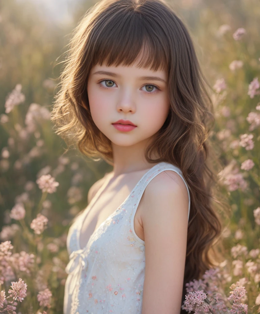 Cinematic Photo:1.3) of (Realistic:1.3),(Cosy:1.3) beautiful 12 year old girl, (intricate cute brown hair), highly detailed skin textures, lifelike skin texture, looking intimately directly at camera, (looking at viewer), pouting lips, Pastel, glitter, dramatic, dreamy, pastel flower garden, elegant, Whimsical, Delicate, Highly detailed, Intricate, UHD digital photo, Fantasy theme, white underwear, Fantasy concept art, glamour girl, beautiful young girl, perfect body, highly detailed full body shot, dreamy, pastel, Watercolor, Whimsical, Delicate, detailed hair ribbon, Highly detailed texture, life like texture, digital painting,Highly Detailed photograph,(Art Deco:1.3),(Photorealism:1.3),(Classical Realism:1.3),(Fujifilm Superia:1.3),naturalism, golden hour light