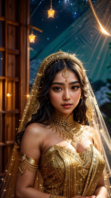 A Malay goddess in a gold lace veil and hijab, night, full moonlight, stars, fireflies, ((ultra sharp, high quality, masterpiece)), detailed detail,