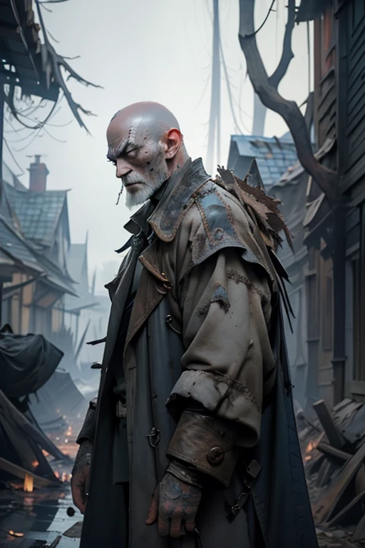 bulky undead with a slightly bald head, his skin a sick gray with various scars and needlework on his face. this man is using an overcoat made with leather. the background englobes a decaying dead tree behind him and a destroyed wooden cart and medieval houses.