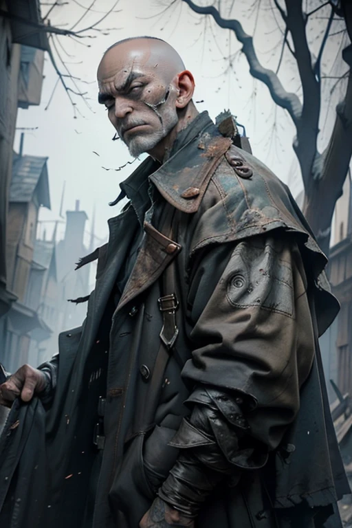 bulky undead with a slightly bald head, his skin a sick gray with various scars and needlework on his face. this man is using an overcoat made with leather. the background englobes a decaying dead tree behind him and a destroyed wooden cart and medieval houses.