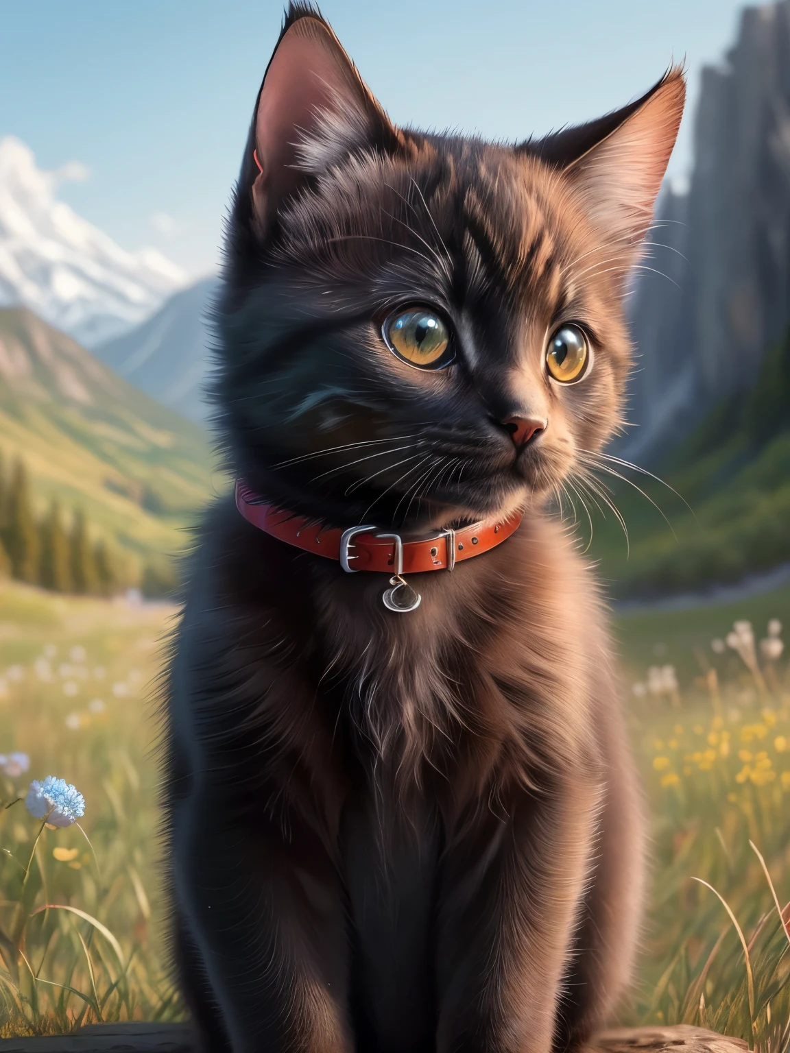 (highest quality,4K,8k,High resolution,masterpiece:1.2),Super detailed,(Realistic,Realistic,Photorealistic:1.37),Northern,South,Multiverse,Diverse landscapes,Natural Beauty,Cute black kitten,Red collar、Art Gallery、Very small kitten、Random Pause