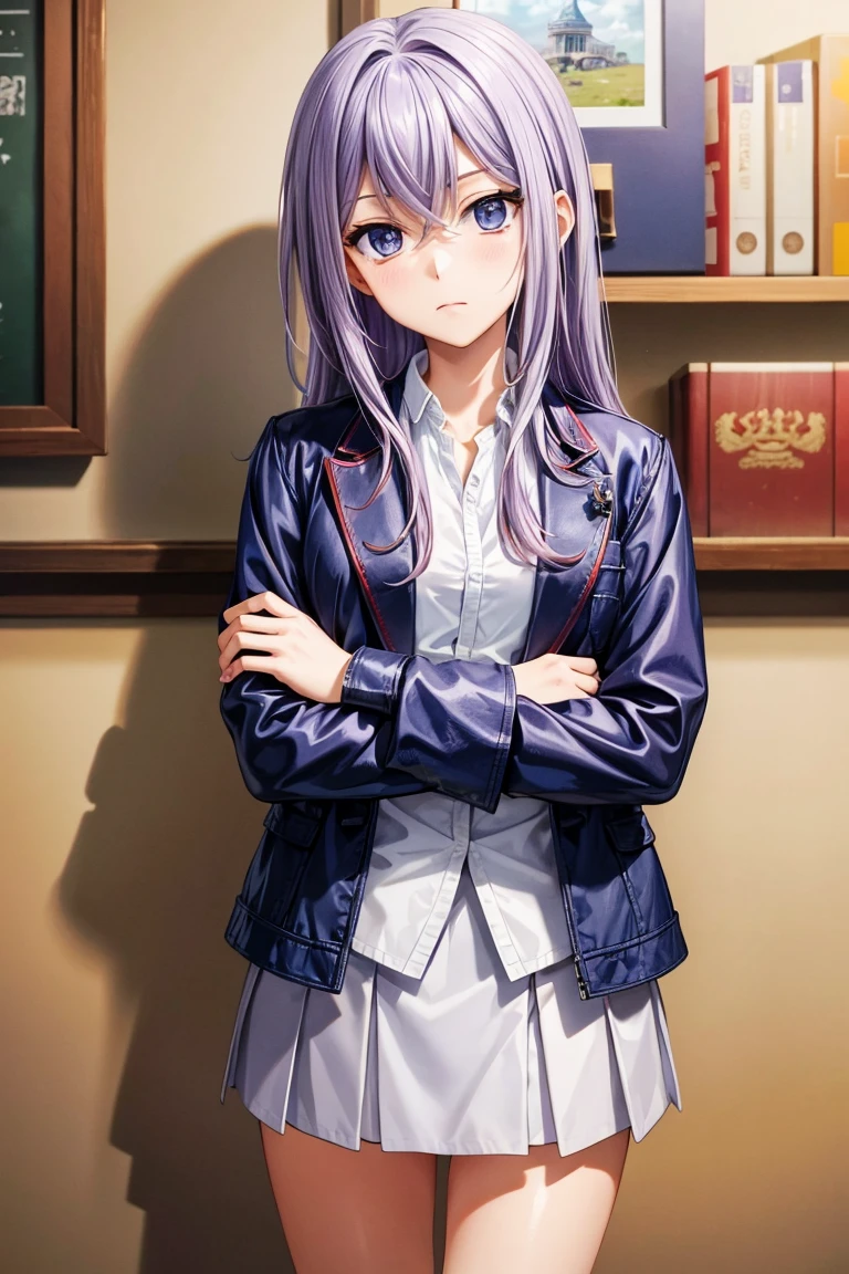 (masterpiece, best quality:1.2), cowboy shot, solo, 1girl, tokura misaki, expressionless, closed mouth, looking at viewer, crossed arms, purple hair, jacket, white shirt, skirt