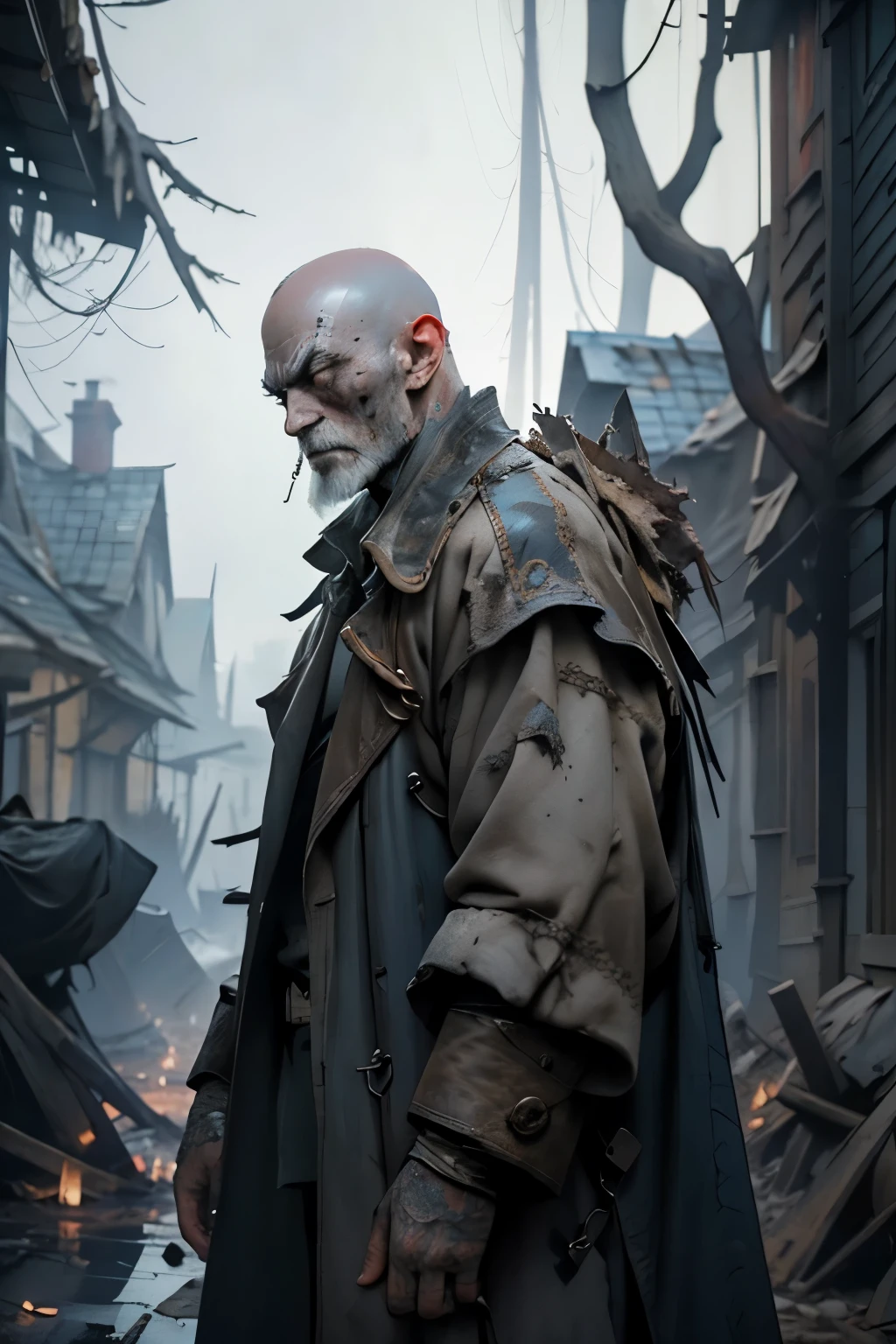 bulky undead with a slightly bald head, his skin a sick gray with various scars and needlework on his face. this man is using an overcoat made with leather. the background englobes a decaying dead tree behind him and a destroyed wooden cart and medieval houses.