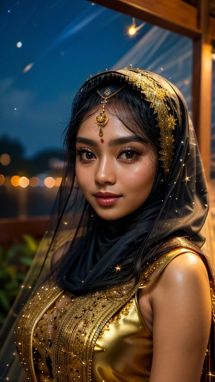 A Malay goddess in a hijab and a gold lace veil, night, full moonlight, stars, fireflies, ((ultra sharp, high quality, masterpiece)), detailed detail,