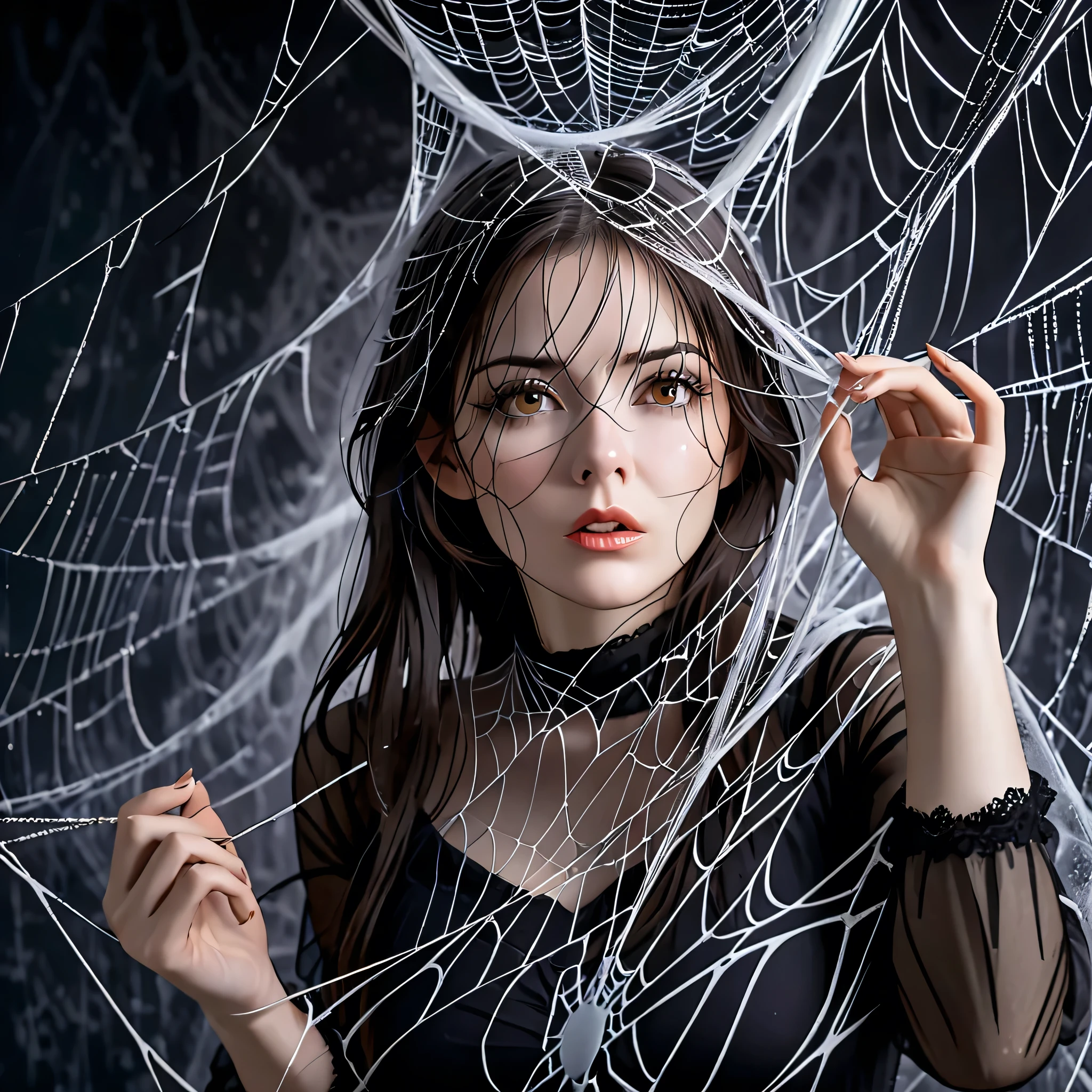 a woman entangled in the spider's web, cobweb