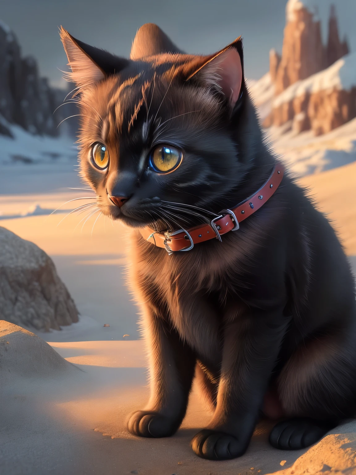 (highest quality,4K,8k,High resolution,masterpiece:1.2),Super detailed,(Realistic,Realistic,Photorealistic:1.37),Northern,South,Multiverse,Diverse landscapes,Natural Beauty,Cute black kitten,Red collar、Art Gallery、Very small kitten、Random Pause